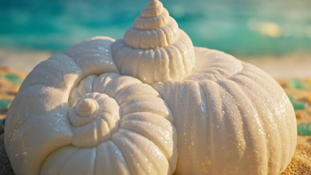 Close-up of a pearlescent spiral seashell on a sandy beach with colorful sea glass and ocean background