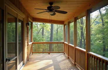 Obraz premium Wooden screened porch offers forest view. Ceiling fan circulates cool air for outdoor relaxation. Sunny deck space connects house to nature, perfect for quiet mornings.