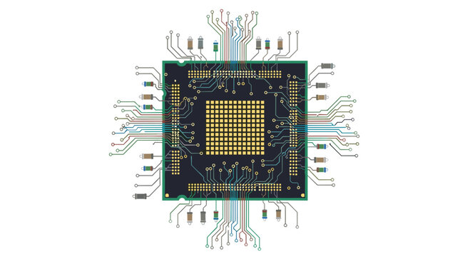 A square computer processor chip with a yellow central grid, surrounded by a network of colorful wires and electronic components.