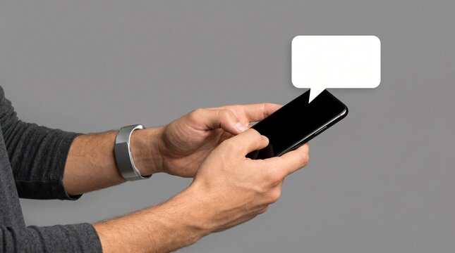 Hands Using Smartphone Gray Background Messaging App