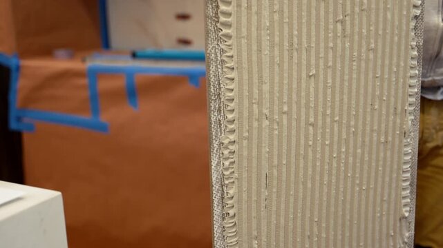 Professional worker applies thick layer of adhesive to ceramic tile to glue it to wall. Close up