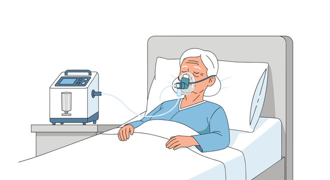 An elderly woman lies resting in a bed with a white pillow while using a clinical oxygen machine with a mask covering her face in a bright room.