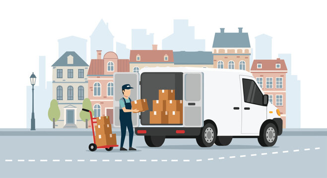 A man in a blue uniform uses a red hand cart to move packages from a cargo van near a row of colorful urban townhouses under a clear sky backdrop.