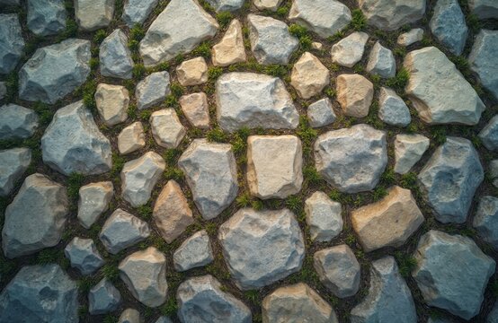 Rough stone pavement surface. Randomly shaped rocks form a path with green grass growing between them. Natural texture detail shows earthy ground and old construction.