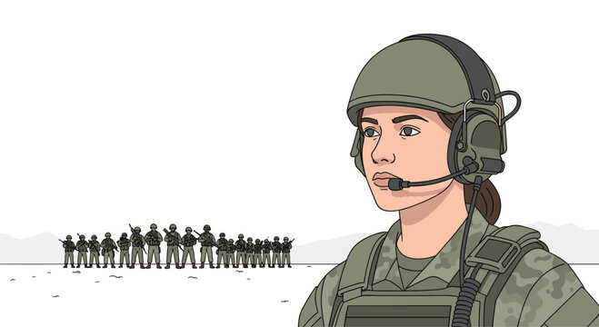 A military woman wearing a combat helmet and headset stands in profile while a battalion of soldiers marches in a flat desert environment under neutral lighting.