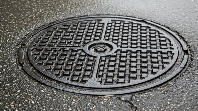 A round, cast iron manhole cover on wet asphalt.