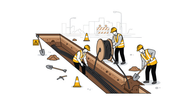 Construction crew working in a deep utility trench laying black electrical cables while using shovels and safety cones in a detailed line art illustration.