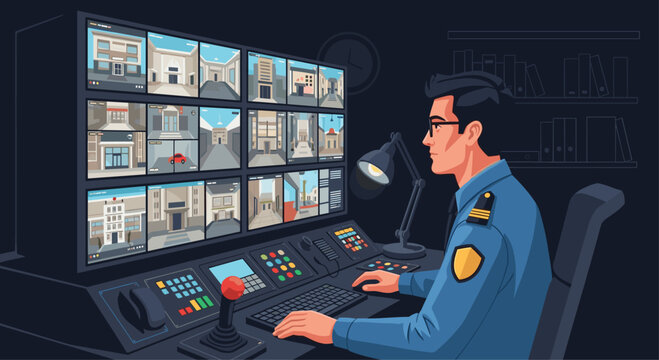 A security operator sits at a dark control console illuminated by a desk lamp while monitoring twelve camera feeds of buildings on a large wall display unit.