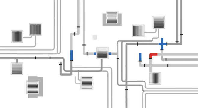 Complex industrial air ventilation duct system with integrated pipes and modular square vents depicted in a clean flat vector graphic style on a neutral light gray background.
