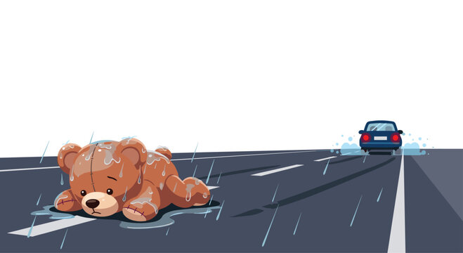 A small brown teddy bear lies abandoned on a wet asphalt road surface during a rainstorm while a blue car drives away into the distance on a plain white background.