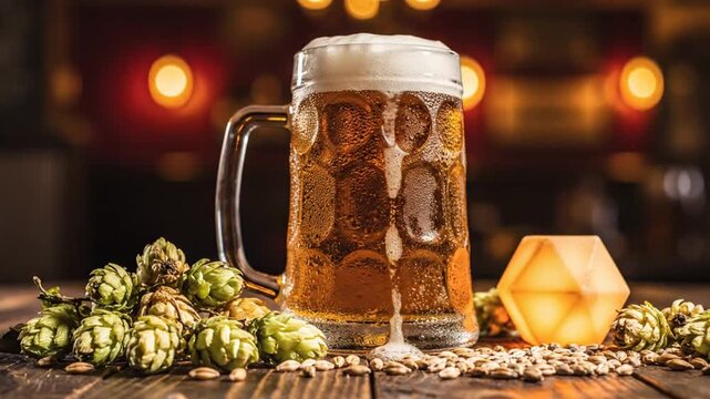 Cold refreshing glass of beer with foam, hops, and wheat grains on wooden surface in bar setting