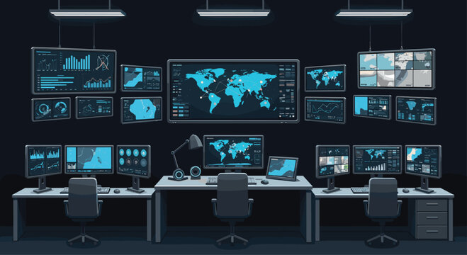 A high-tech surveillance command center equipped with multiple desk workstations and large wall displays monitors complex global data and analytics in a dark room.