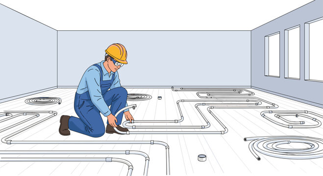 Construction worker installing underfloor heating pipes system in a new room with gray walls, detailed view of pipe layout.