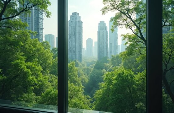 View from window looking out over dense green forest canopy with tall city skyscrapers rising in background. Urban jungle contrast, eco city.