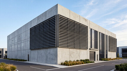 Fototapeta premium Large external wall louvers on a modern concrete warehouse showing clean minimalist architectural exterior lines