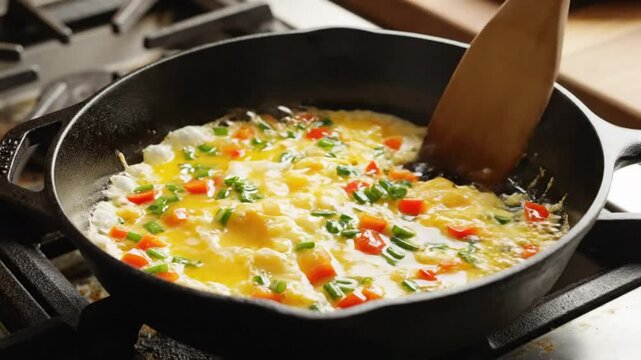 Chef carefully stirring and folding a fluffy omelette in a cast iron pan on a stovetop, ready to serve