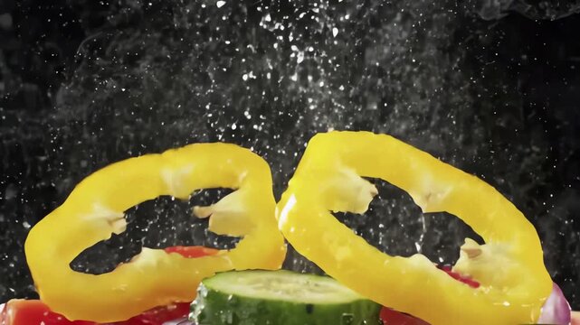 4K Slow Motion Fresh Vegetables Falling Water Splash for Commercial Use