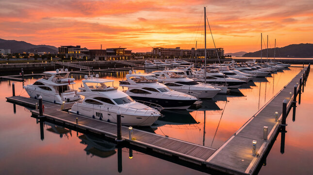 Rows of empty luxury yachts docked at modern marina during brilliant orange sunset reflection scene