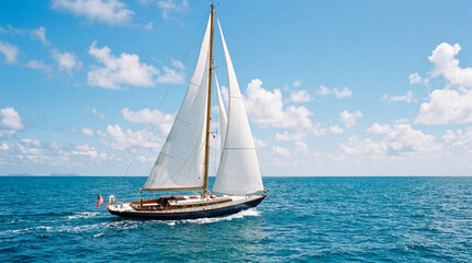 Fototapeta premium Elegant Luxury Sailboat Gliding Smoothly On Open Blue Sea Under Clear Skies With Full Sails