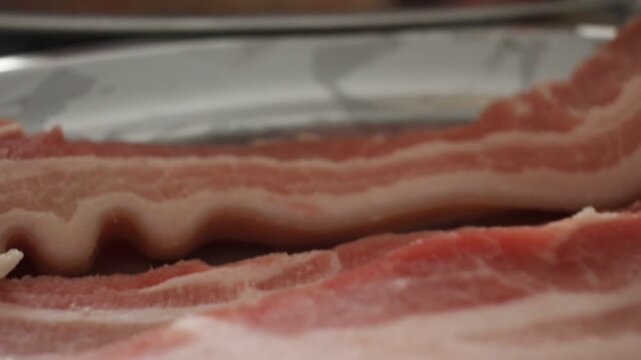 Raw Assorted Meat for Barbecue with Sausages, Pork Ribs, Beef Short Ribs and Bacon on Metal Trays