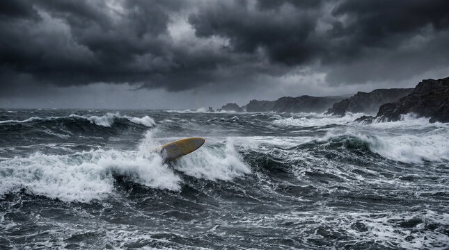Dramatic stormy sea with high rolling waves and abandoned empty windsurfing board under dark clouds