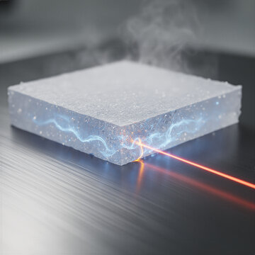 Laser Beam Passing Through Silica Aerogel Block, Extreme Macro Shot of Tyndall Effect Scattering, Futuristic Nanomaterial and Thermal Insulation Science, Advanced Materials for Carbon Neutral Infrastr