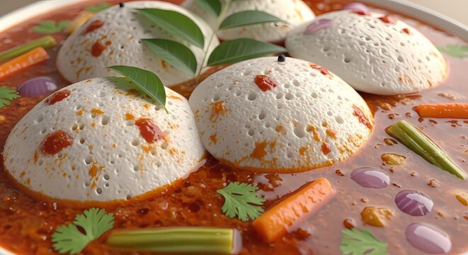Close up of south indian idli sambar dish with garnishing and vegetables