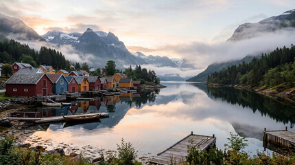 Obraz premium Wide angle shot of serene Nordic fjord seaport at dawn with glass like water colors