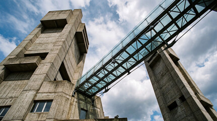 Fototapeta premium Low-angle perspective of modern glass bridge built between two brutalist concrete towers with nobody around