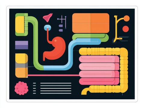 Visual representation of human digestive system showing the path from mouth to intestines with different colors for each organ and clear shapes