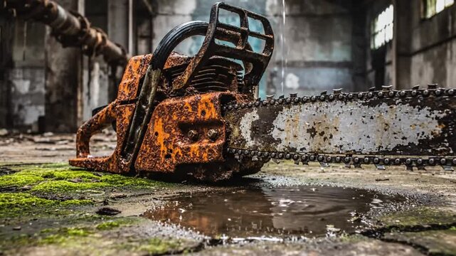 Rusty Chainsaw in a Decaying Industrial Setting with Water Dripping onto the Concrete Floor