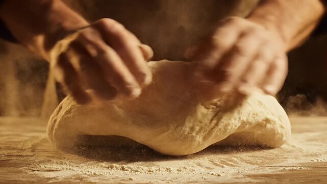 Artisan baker hands kneading fresh bread dough on a flour-dusted wooden table. Ideal for commercial bakery branding concepts.