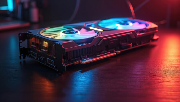 Modern graphics card with dual fans displaying vibrant RGB lighting. Computer hardware sits on a dark desk, reflecting colorful light. High-performance tech for gaming and creative tasks.