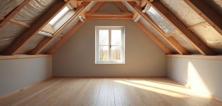 Unfinished loft conversion with wooden beams, roof window, and insulation. Newly installed wood floor awaits final touches for a modern home renovation project.