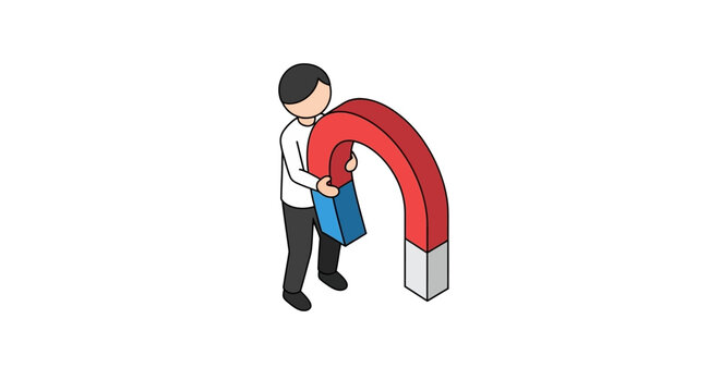 Cartoon person holding giant red horseshoe magnet upright.