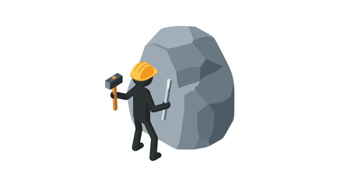 Construction worker breaking large rock with hammer and chisel.