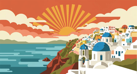 Coastal townscape illustration decorative design sunset sky background © Arisa