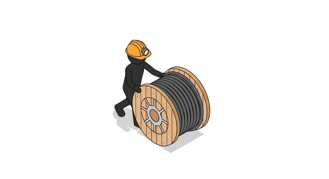 Cartoon character pushing large cable reel with effort.