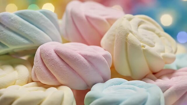 Soft pastel twist-shaped marshmallows in a colorful candy display with dreamy bokeh background