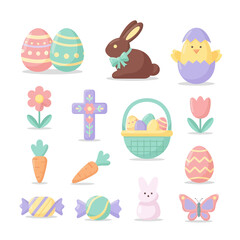 Fototapeta premium Easter Icons: Bunny, Eggs, Chick, Carrot, Flowers, Cross, Candy, Butterfly