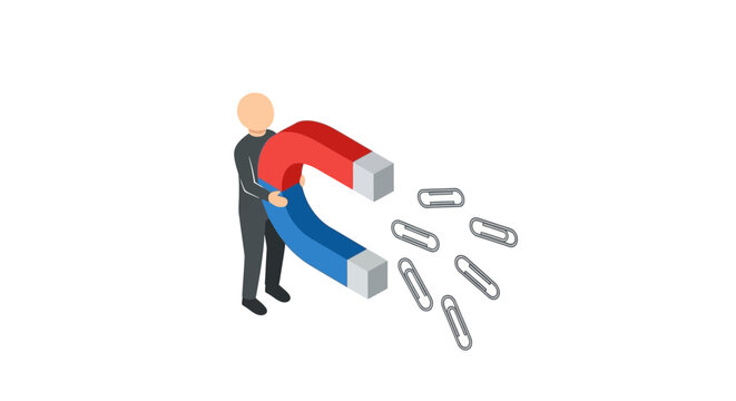 Businessman using giant magnet to attract paperclips efficiently.