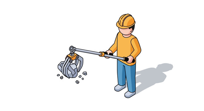 Young Construction Worker Collecting Debris With Grabber Tool.
