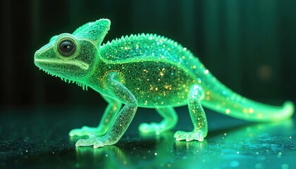 Fototapeta premium Green translucent holographic chameleon with sparkling particles. Futuristic reptile with glowing texture on dark background. Digital creature, fantasy animal art, innovation concept.