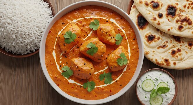 Delicious indian cuisine creamy curry rice naan bread overhead shot