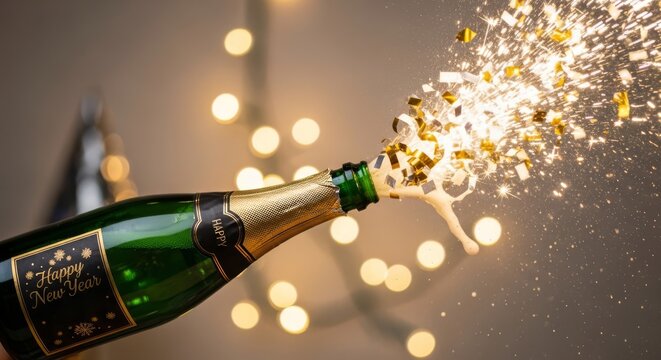 Champagne Celebration with Sparkling Bottle Burst and Lights.