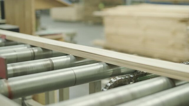 A stream of small wooden pieces and offcuts moving along a conveyor belt, representing byproduct management in a large wood factory
