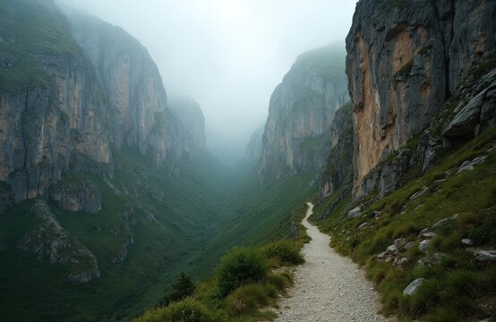Misty mountain path winds through dramatic Picos de Europa canyon. Steep green slopes rise to sheer rock faces disappearing into fog. Rugged Spanish nature offers a hiking adventure.
