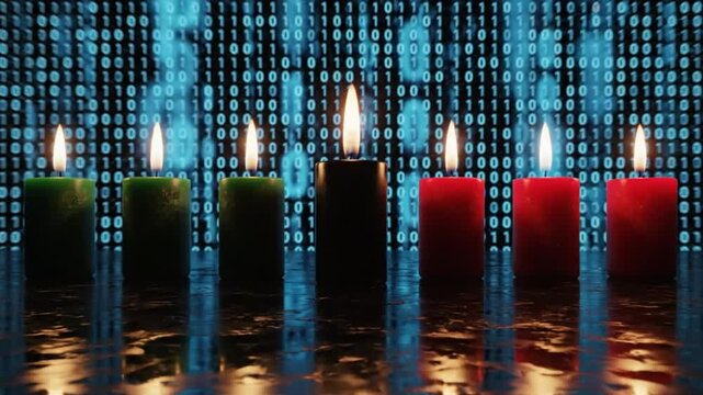 Kwanzaa candles ablaze in front of a digital binary background with reflective surface, celebration and technology fusion