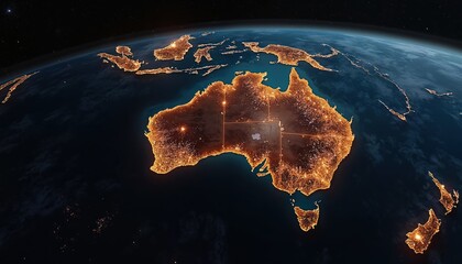Naklejka na ściany i meble Earth at night view from space showing Australia with glowing cities and lights. Continent and surrounding islands visible in darkness. Deep space backdrop with stars.