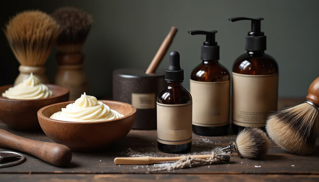 Men grooming products arranged on wooden table. Shaving cream bowls, brushes, aftershave lotion, beard oil bottles. Male skincare routine setup, clean skin care.